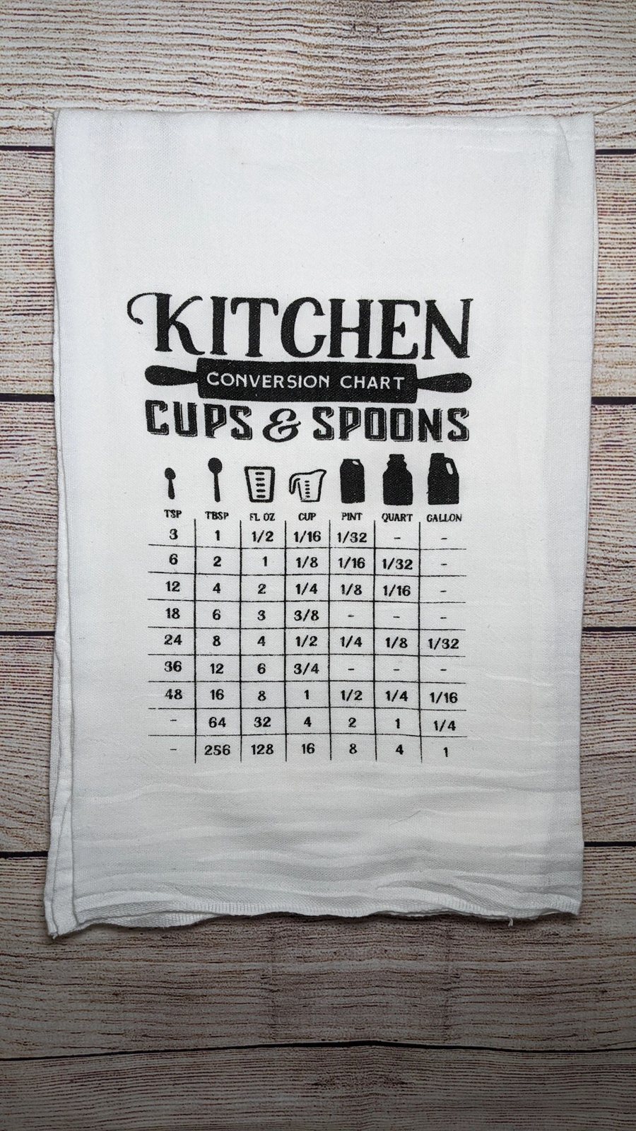 Flour sack towel printed with a kitchen conversion chart
